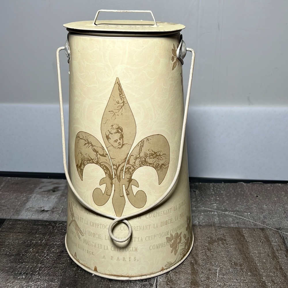 Vintage Metal Lidded Bucket Paris Themed from 1990's